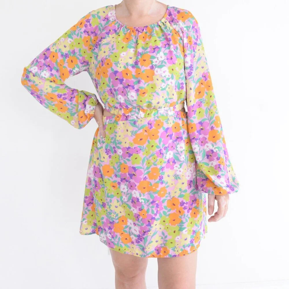 Sanctuary Fresh Garden Cut Out Floral Multi-Color Balloon Sleeve Mini Dress M